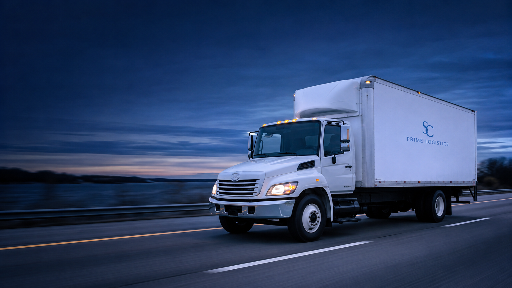 SC Prime Logistics 26-foot box truck traveling on a highway